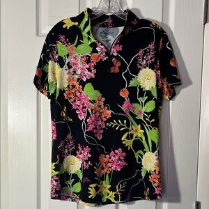 IBKUL willow black floral polo golf tennis pickleball shirt 1/4 zip short slv M